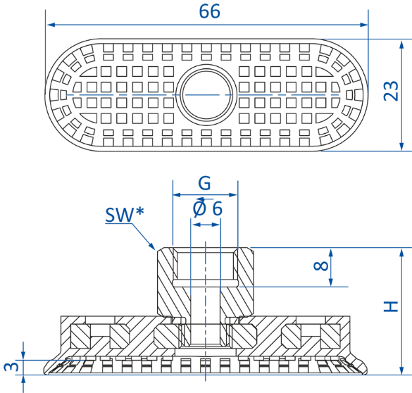 Овальная вакуумная присоска FIPA серии SM-OF 130.65x20.147.1 чертеж